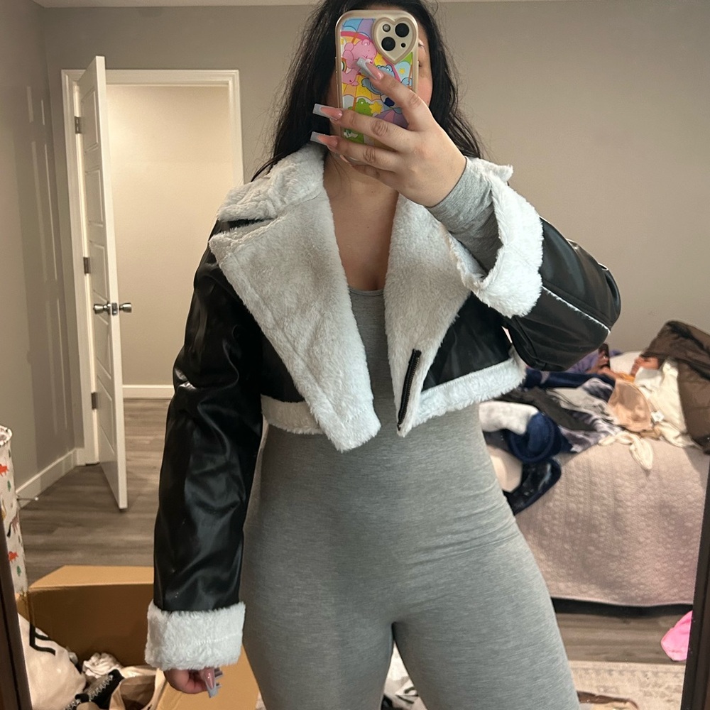 SHEIN Black and White Leather Jacket